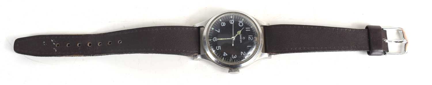 A 1950s Omega Pilots wristwatch, in stainless steel case with black dial, Arabic numeral hours and