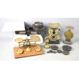 A quantity of weighing scales and weights to include Salter postal scales.