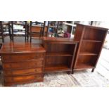 A group of Indonesian hardwood furniture to include a bow front chest of drawers, a single shelved