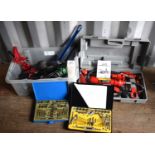 A group of tools to include a 4 ton hydraulic body/frame repair kit, taps and dies, vice, welding