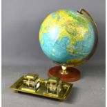 An early 20th century brass and cut glass ink stand with two square inkwells to inset tray, and a