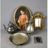 A group of collectables including a James Dixon and Sons pewter hot water jug, with rush handle, a