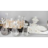 A group of vintage and later cut glass to include two decanters, bon bon pedestal dish and cover,