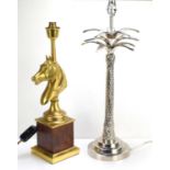 Two decorative table lamps, one formed as a horses head, in bronzed metal on burr yew pedestal base,