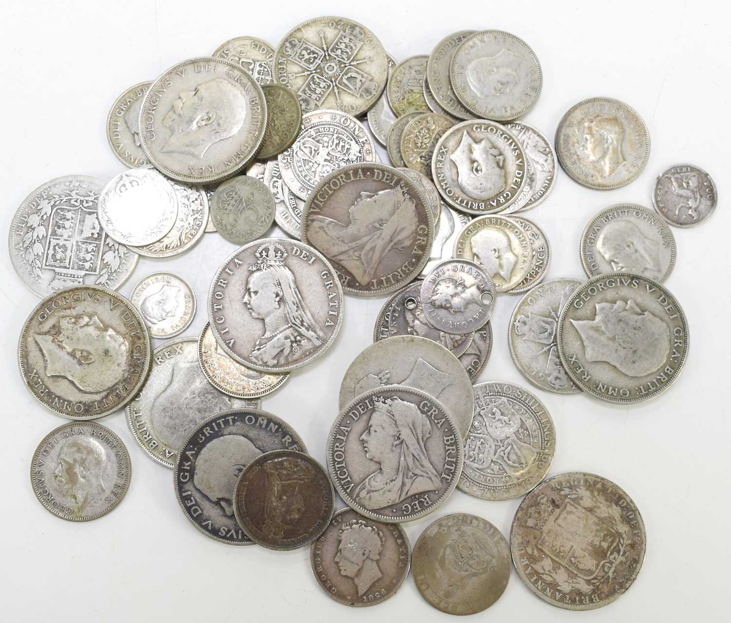 A group of Victorian and later silver coins, to include half crowns, florins, sixpence and others,