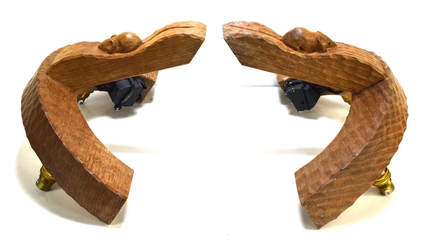 A pair of Robert "Mouseman" Thompson oak twin wall lights with carved mouse trademark to each