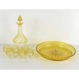 A suite of Bohemian clear and amber glass liqueur glasses and decanter, comprising six glasses,