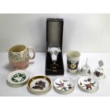 A Sadler Jug, Wedgwood ashtray, two Worcester pin dishes, a pair of Lysander bells, a 1919 Peace