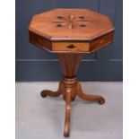 A 19th century mahogany octagonal top work box with inlaid starburst to the top, the fitted interior