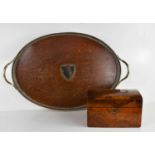 An oak and silver plated oval tray with galleried edge, together with a burr walnut tea caddy with
