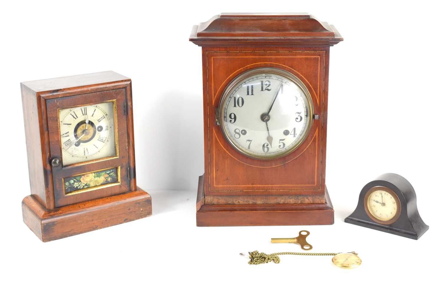 An American bracket clock with painted white dial together wth a mahogany cased clock with inlaid