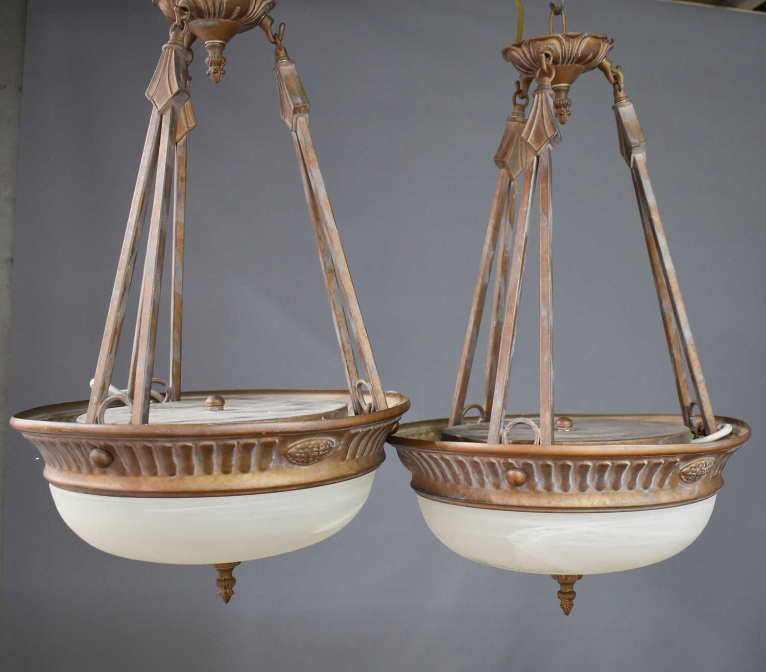 A pair of Empire style bronze painted ceiling lights, with opaque domed glass shades, together - Image 2 of 2