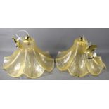 A pair of Murano glass, flared, fluted, frosted ceiling lights, of trumpet flower form in peach