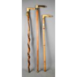 Three vintage walking sticks with horn handles, one carved with a snake and having a gilt brass rams