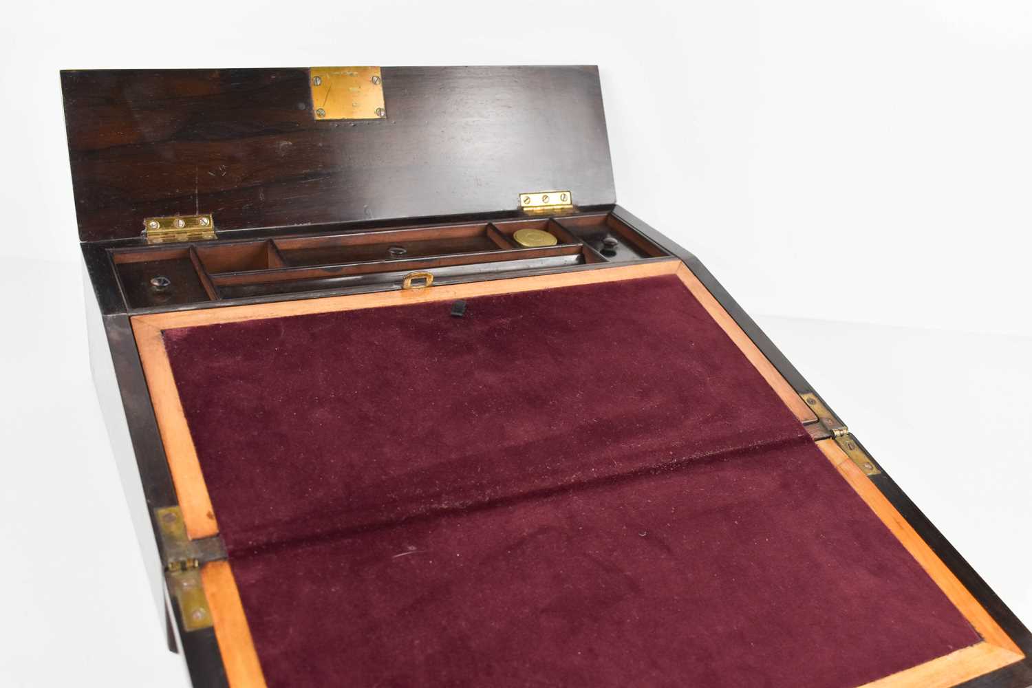 A 19th century rosewood and mother of pearl inlaid work box, the sloped lid opens out to reveal a - Image 3 of 3