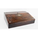 A 19th century rosewood and mother of pearl inlaid work box, the sloped lid opens out to reveal a