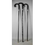 Three antique ebonised walking sticks, of various form, one with a knotwood cane and silver buckle