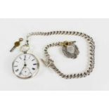 J & C Schwerer silver pocket watch with silver chain, fob and keys, the Roman numeral dial having