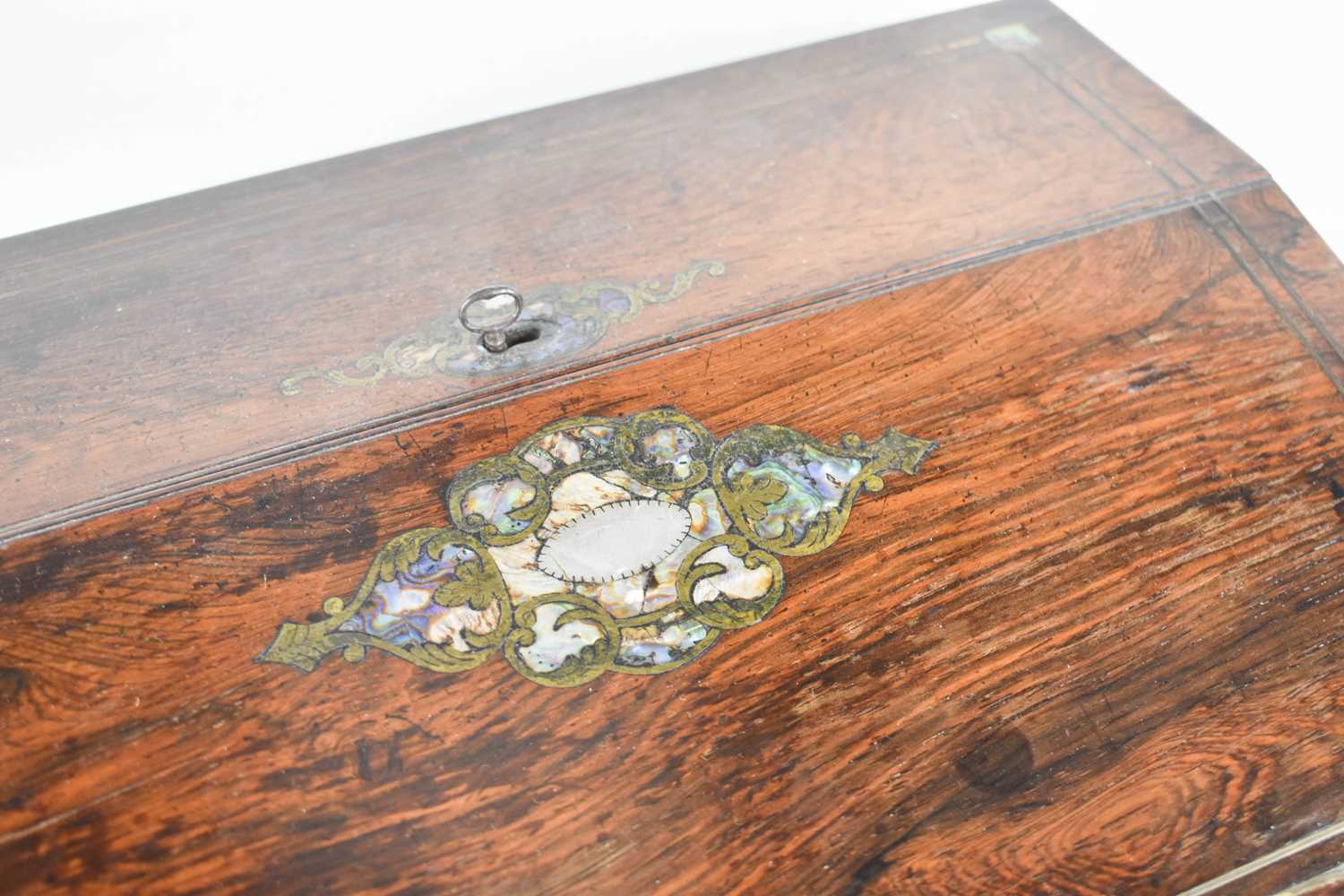 A 19th century rosewood and mother of pearl inlaid work box, the sloped lid opens out to reveal a - Image 2 of 3