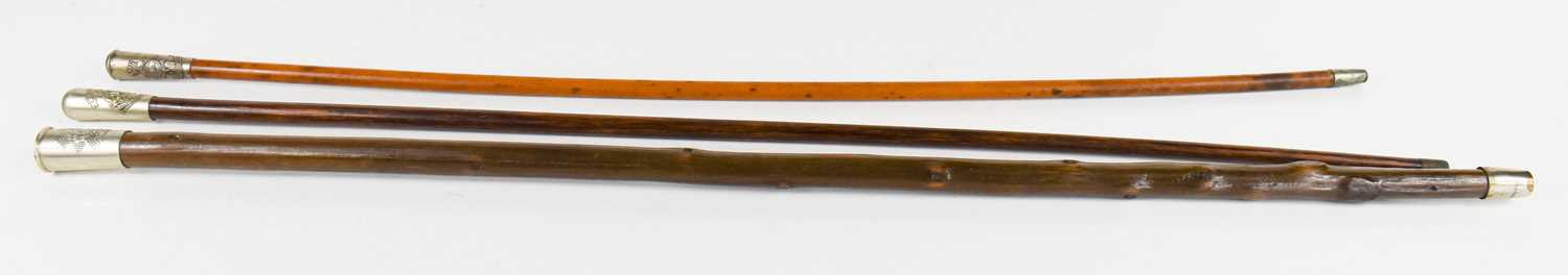 Three antique swagger sticks: Worcestershire Regiment, Northumberland Fusiliers, and a further