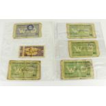 Six WWII Prisoner of War paper money notes, to include an India One Anna Bhopal note, Sixpence