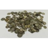 A quantity of Victorian and later silver coinage to include shillings, threepence, florins, and