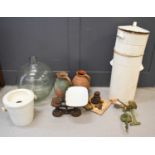 A group of vintage kitchenalia, including a large terrarium, terracotta coloured stoneware urn and