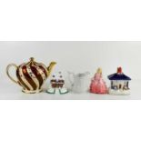 A group of decorative ceramics, comprising a white Portmeirion jug, a Sadler lustre teapot, a