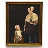 A 20th century naive study of an Amish woman and child, likely American mid-century, apparently