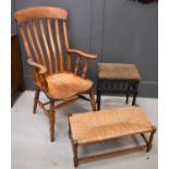 A Victorian kitchen armchair, together with two stools.