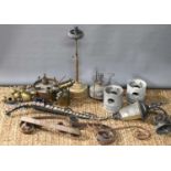 A group of metalware to include brass burner, outside light, wrought iron brackets, two large