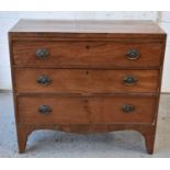 A 19th century mahogany three drawer chest, with oval backplates and shaped front and feet.