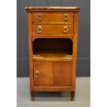 A French 19th century satinwood and marble top bedside cabinet, with two drawers above a recessed