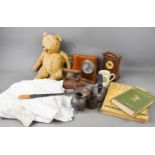 A group of collectables to include an antique teddy bear, Edwardian mantle clock, books, vintage