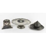 A group of metal wares, comprisiing a pewter inkwell or honeypot holder of gourd form, the