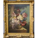 A still life of flowers, with a beetle to the foreground, in the Dutch style, oil on board,