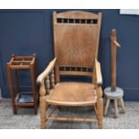 A group of items comprising a chair, a vintage washing peg dolly and a stick stand.