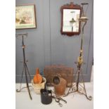 A selection of ironware, to include coal scuttles, pair of bellows, fire guard and other items.