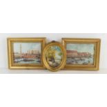 A pair of Venetian prints in giltwood frames, together with an oval hand painted landscape