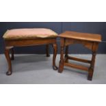 An oak 17th century style joint stool, together with a 1930s oak stool with upholstered seat.
