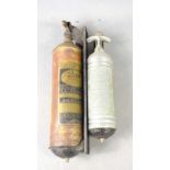 A vintage brass Pyrene fire extinguisher together with a smaller Desmo example.