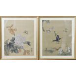 A pair of Japanese gouache on linen paintings, one depicting butterflies and flowers, the other a