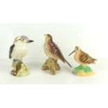 A group of three Beswick birds comprising of a Kookaburra 1159, Songthrush 2308 and a Sandpiper, the