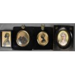 A Victorian oval miniature portrait of a lady wearing a triple pearl necklace, hand painted on
