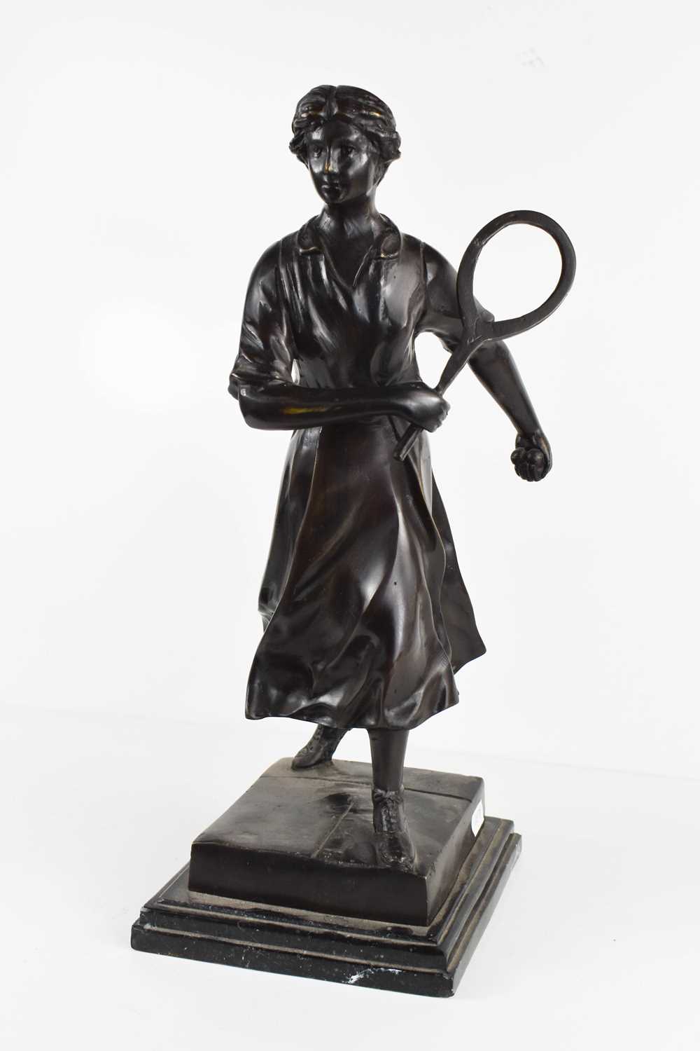 E. Loisauy: a bronze figure of a female tennis player, on a stepped base, signed to the back, 41cm - Image 2 of 2