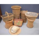 A group of vintage wicker wares, including two stools, and two tall cylindrical baskets, one with