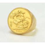 An 18ct gold ring set with a Queen Victoria full gold sovereign dated 1893, 22.1g, size T.