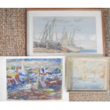 A group of maritime pictures comprising a mid 20th century gouache on paper of sailing boats and