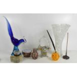 A group of glassware, to include a Murano glass bird, basket, jug and bowl a hand blown mottled