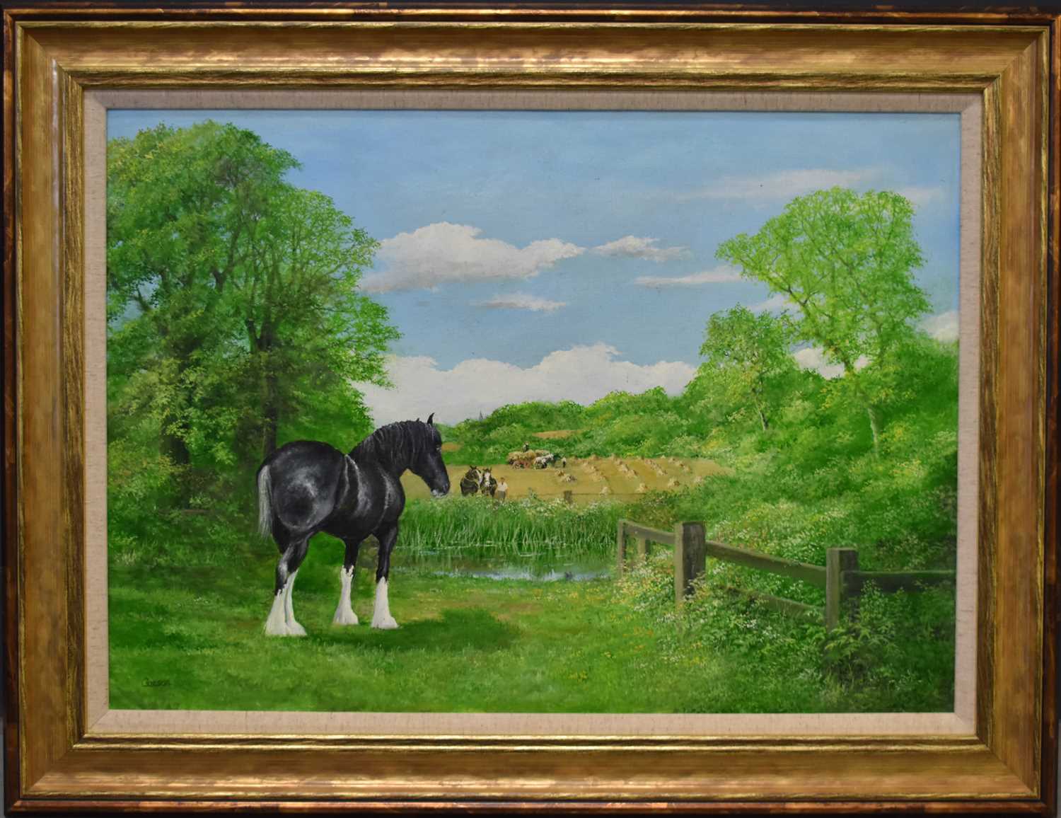 Caesor (20th century): oil on canvas depicting shire horse in landscape, signed lower right, 49 by